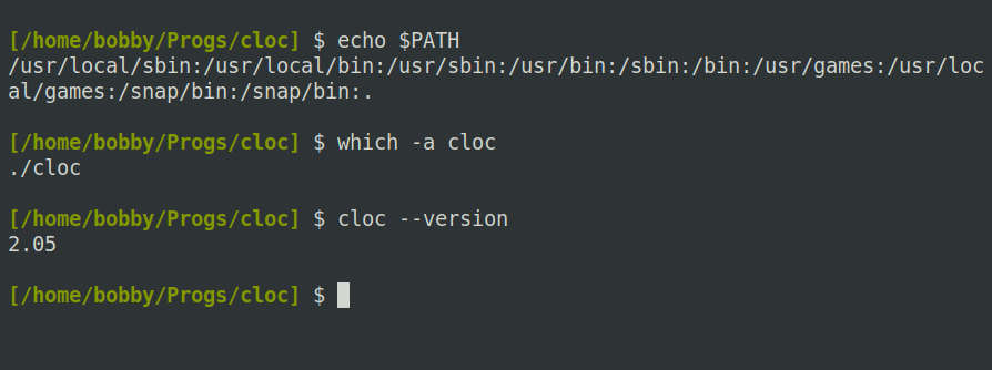 With . in the PATH variable, the which command confirms an executable file in the current directory will run.