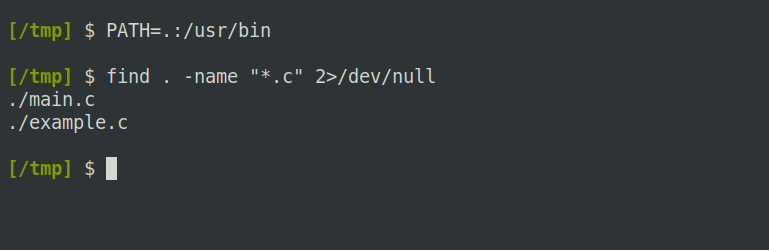 The find command locates two files whose names end .c in the /tmp directory.