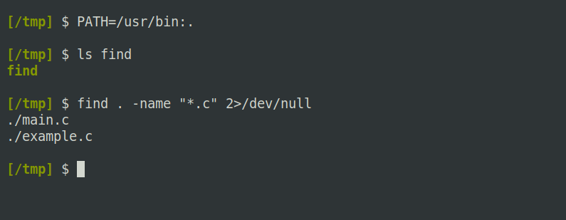 When . is at the end of the PATH variable, a local executable named find does not have priority.