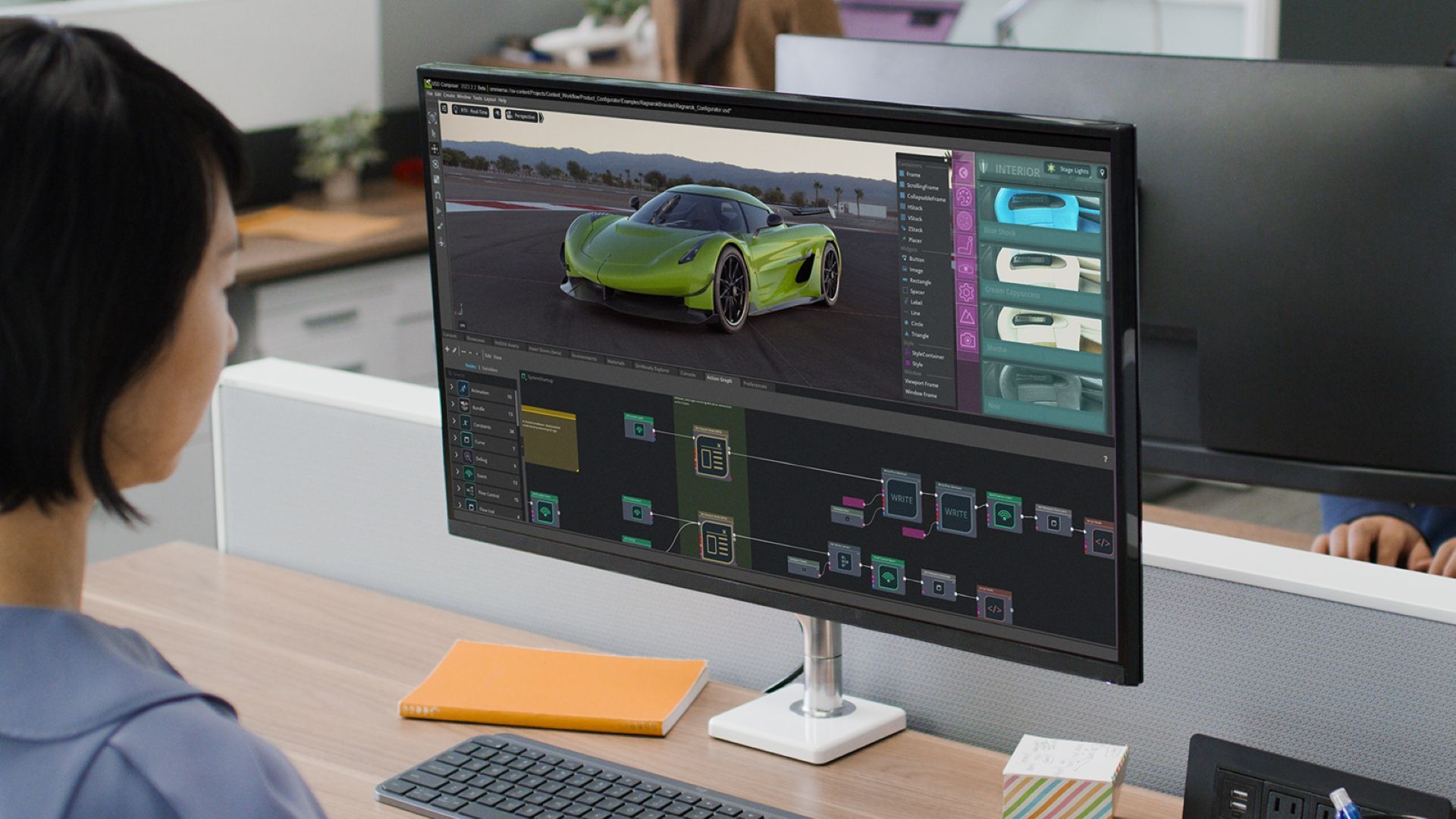 A shot of NVIDIA Omniverse in use for automotive design