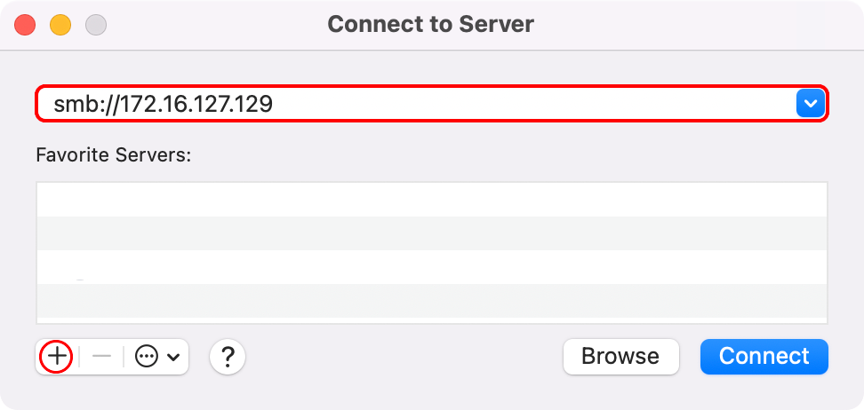 macOS Finder's Connect to Server window showing the option to add a server to favorites.