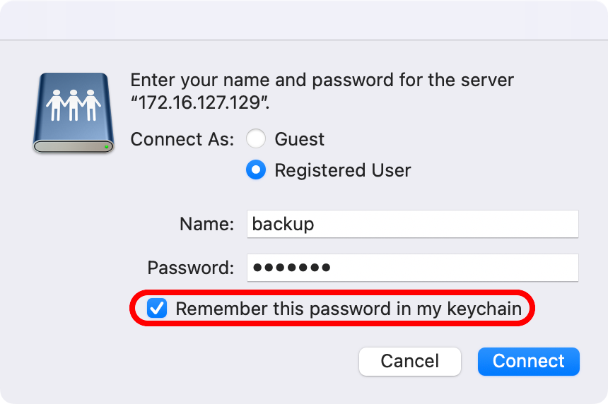 The Connect to Server window in macOS Sequoia with the option to remember the password in the keychain selected.