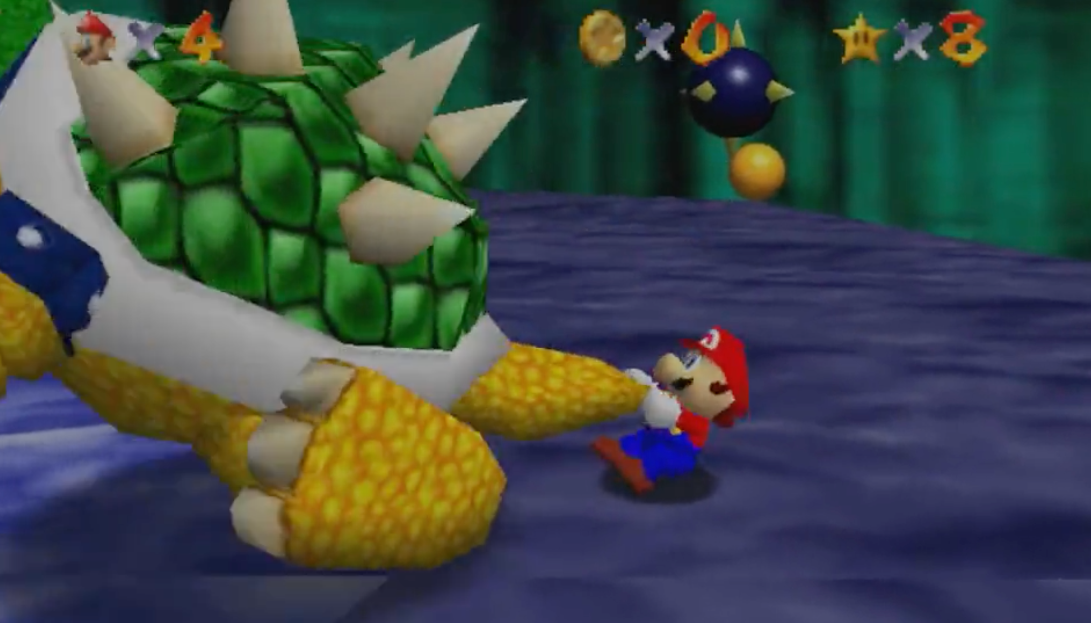 Mario swinging Bowser around in Super Mario 64 on N64.