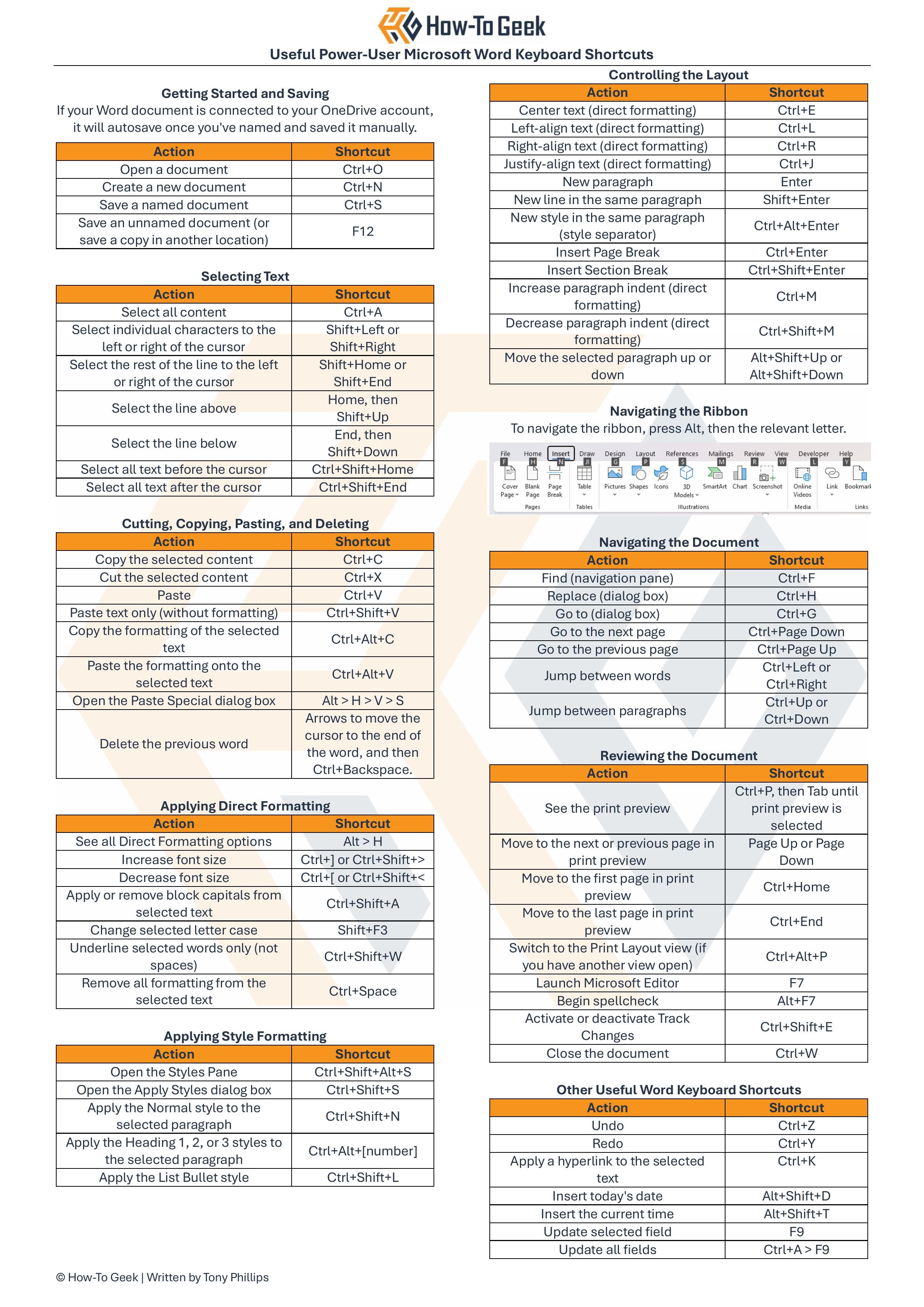 A cheat sheet of Microsoft Word power user keyboard shortcuts.