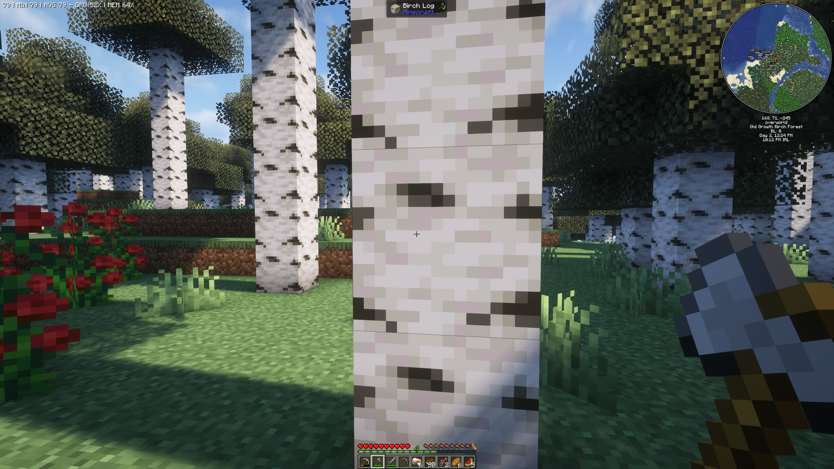 A birch tree in Minecraft with an axe in hand ready to cut it down.