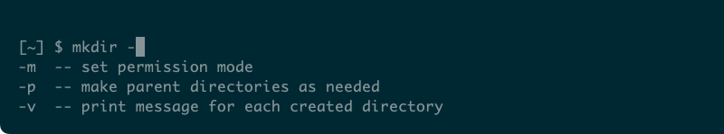 The mkdir command with auto-completed options including -m, -p, and -v.
