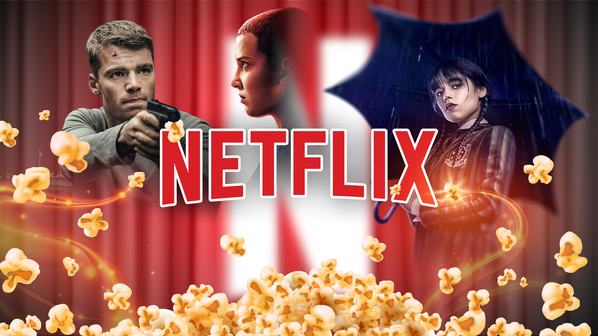 Netflix logo surrounded by scattered popcorn and characters from popular Netflix series in the background.