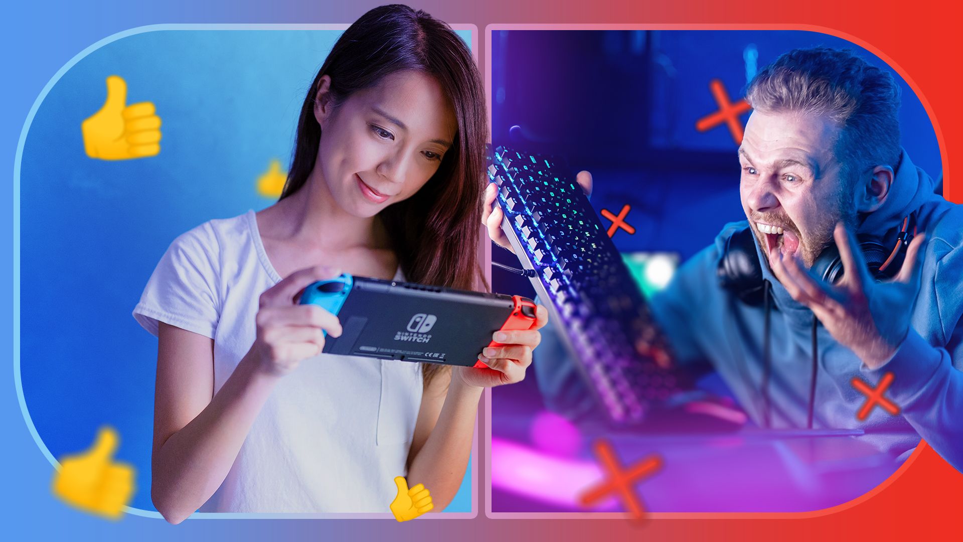 À gauche, une femme jouant sur son interrupteur Nintendo; À droite, un homme en colère tenant un clavier PC.