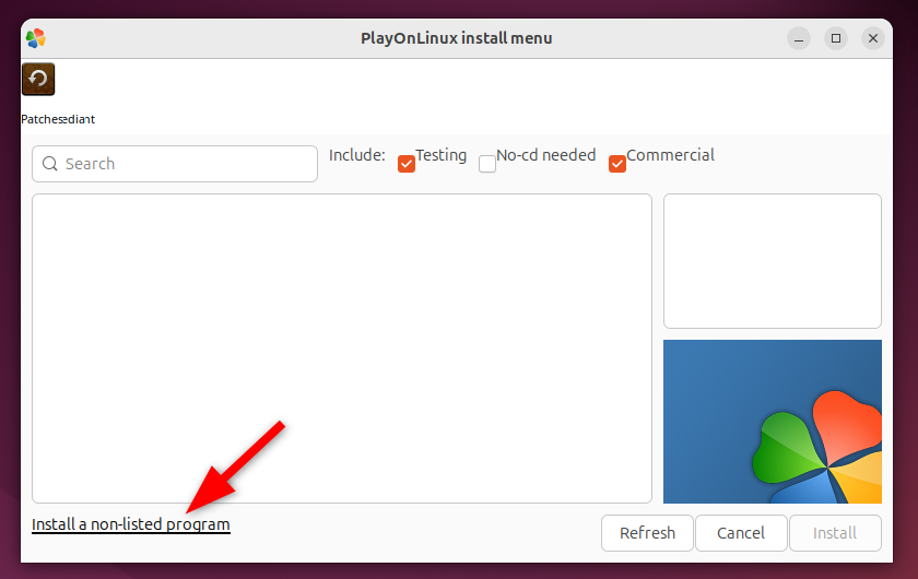 Opening Install a non listed program window from PlayOnLinux Install Menu.