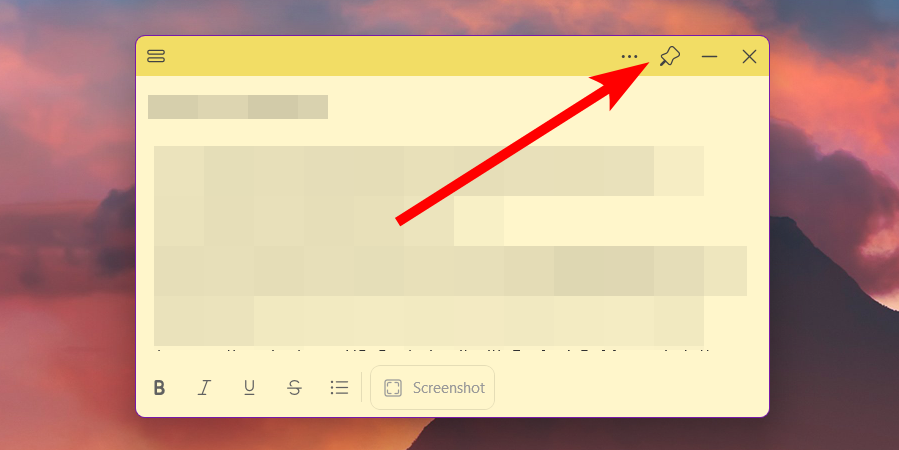 Pinning a sticky note to the top on Windows 11.