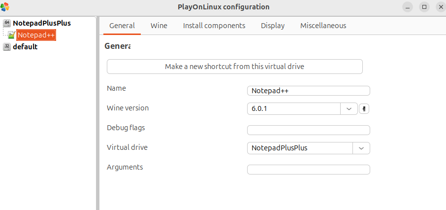 PlayOnLinux Configuration Window.