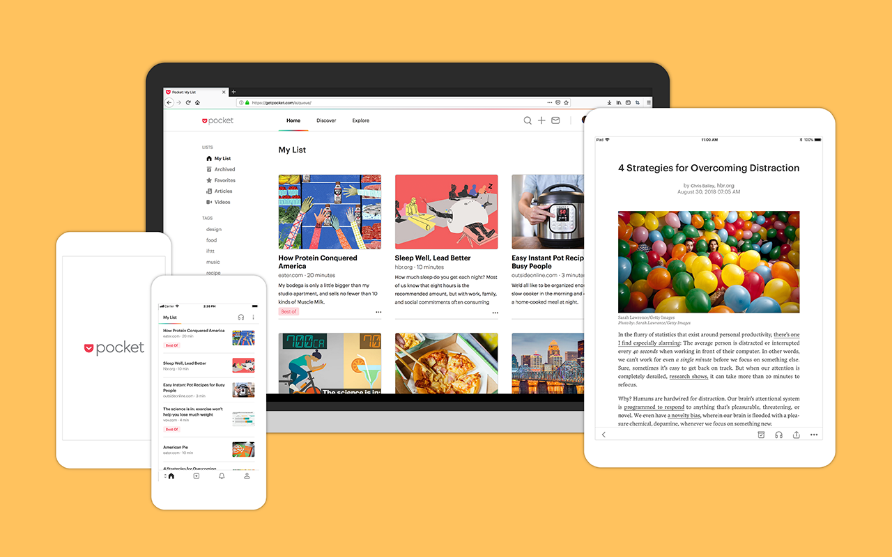 The Pocket read it later client showing an article and preview across multiple devices.