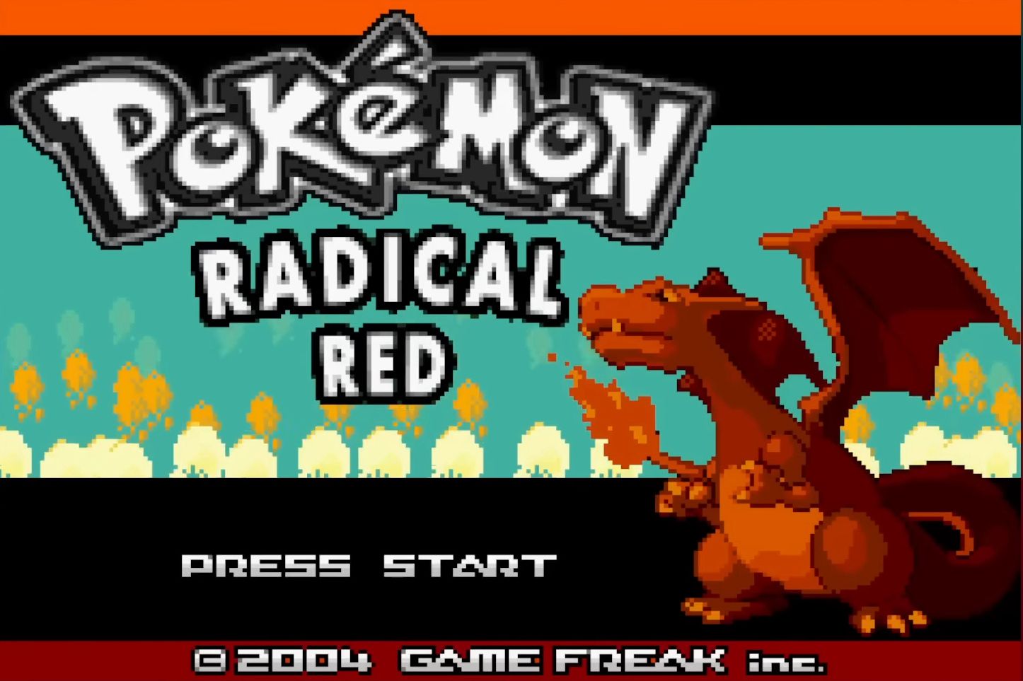 Charizard on the Pokémon Radical Red ROM hack title screen.