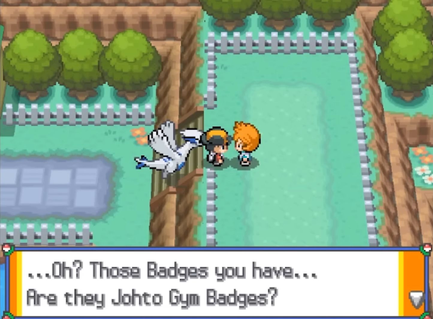 A player is questioned by a stranger in the Pokémon Storm Silver ROM hack.