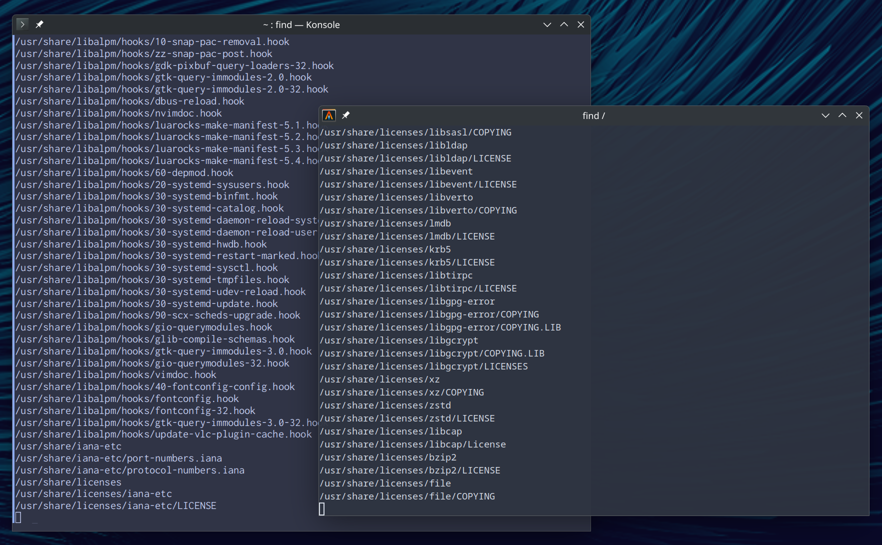 Screenshot of Alacritty and Konsole print the output of the find command.