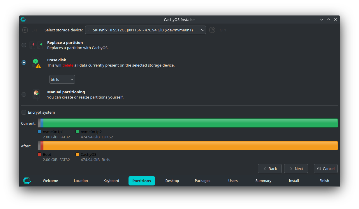 Screenshot of CachyOS installer partitioning the disk.