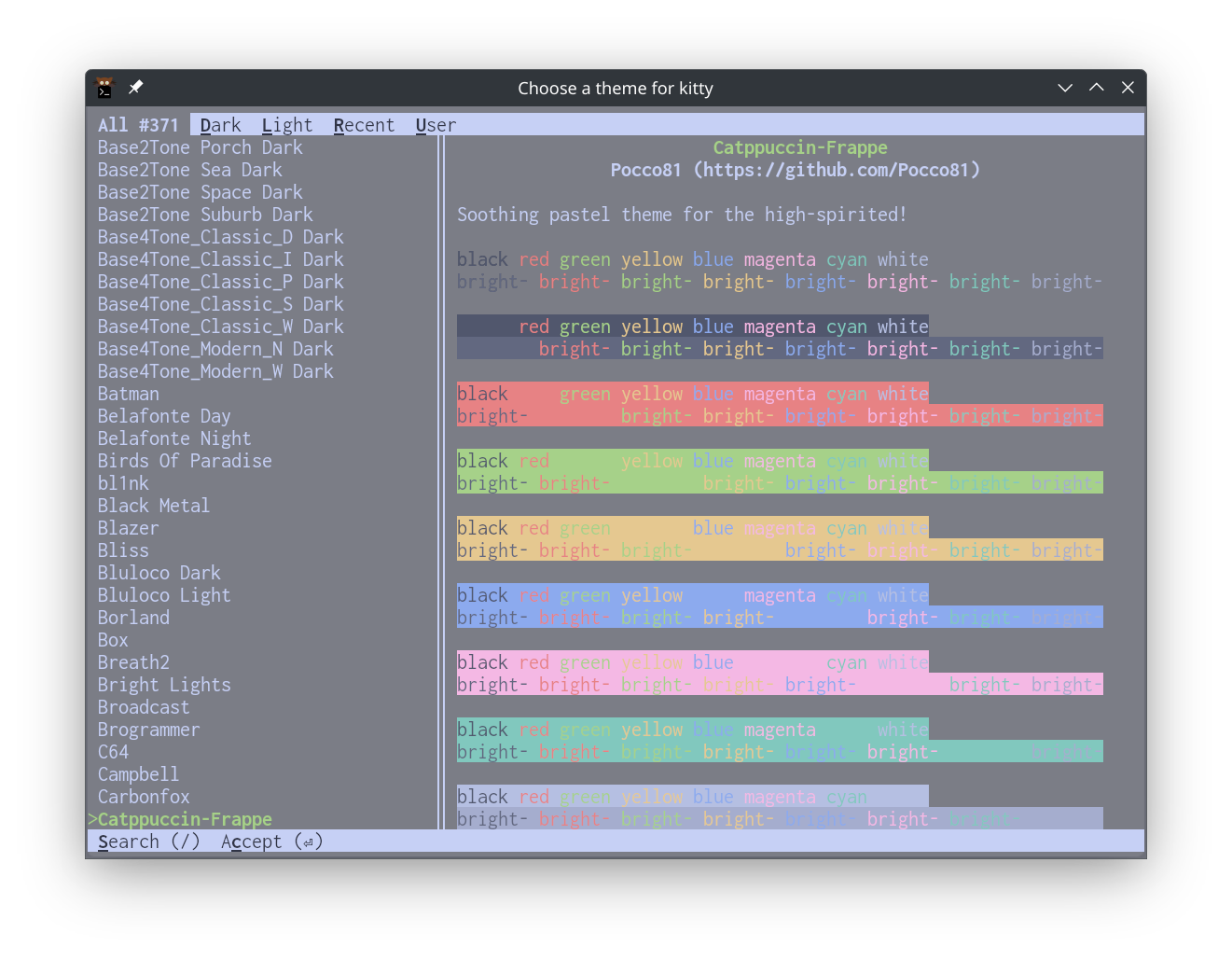 Screenshot of selecting a theme for the Kitty terminal.