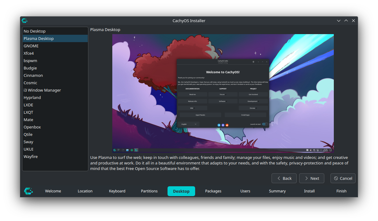 Screenshot of selecting the desktop in the CachyOS installer.