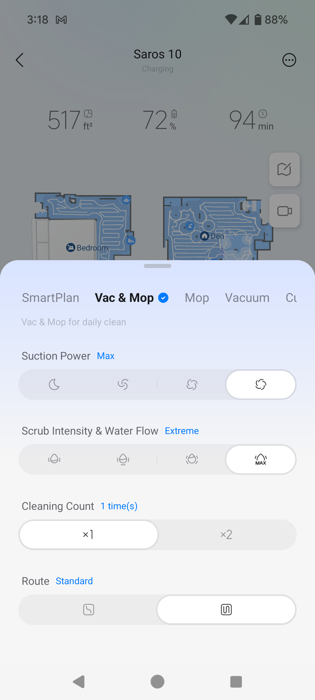 Clean intensity settings on the Roborock App