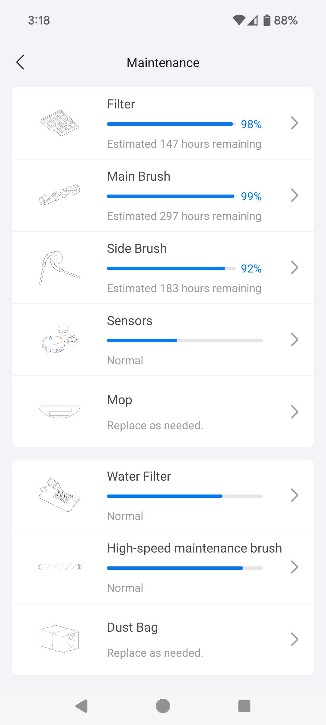 Maintenance part status in the Roborock App.