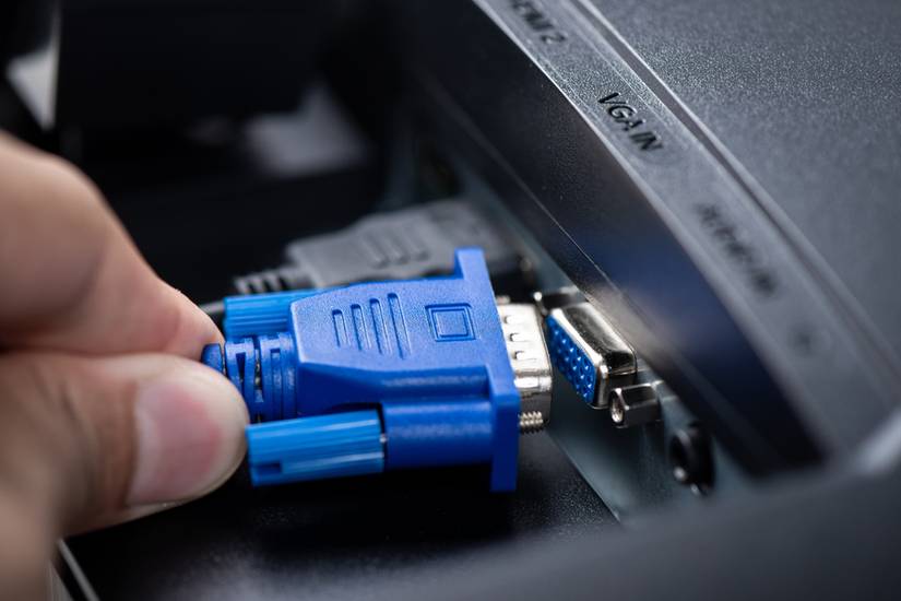 Blue VGA (Video Graphics Array) connector and cable used to transfer analog signal. 
