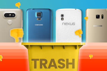 Some smartphones side by side, a trash bin below, and several thumbs down around them.