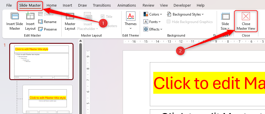 The Close Master View button in PowerPoint's Slide Master tab.