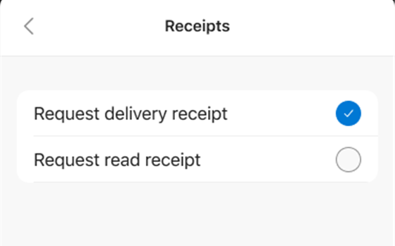 The option to request different types of email receipts in the Microsoft Outlook mobile app.