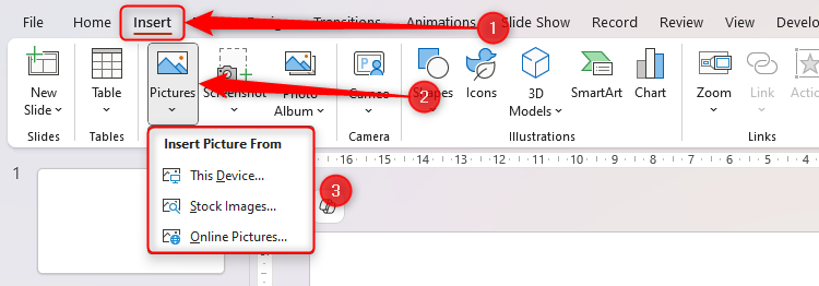 The Pictures drop-down menu in PowerPoint, with the different picture browsing locations displayed.