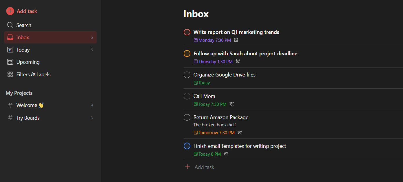 Display task listing application "Reception box" which shows all tasks with priority deadlines and levels.