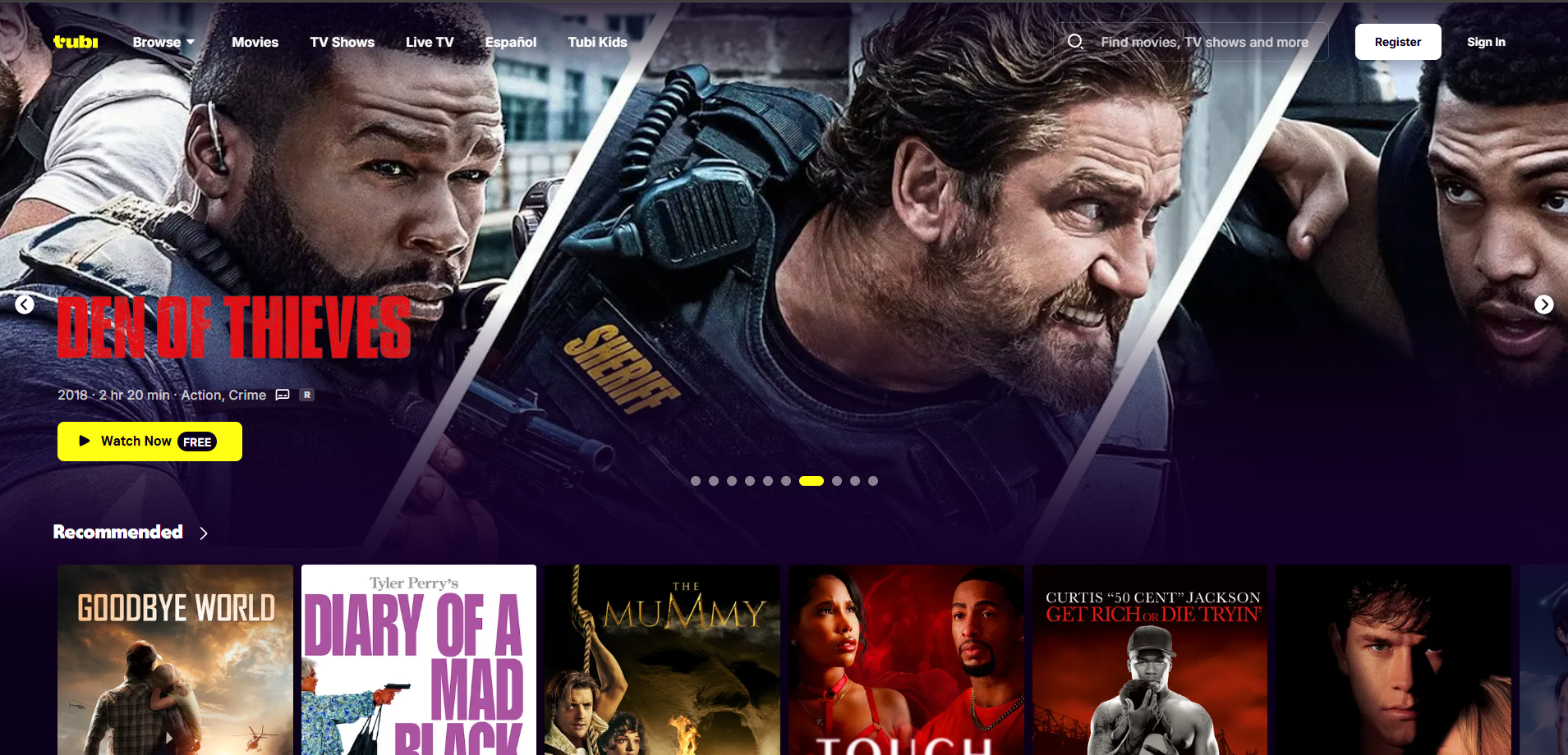 Tubi free streaming service's main home page showing some options to browse.