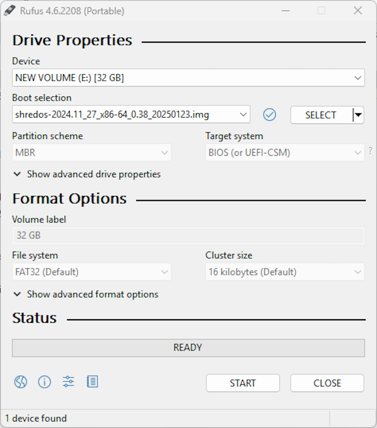 Using Rufus to write the bootable ShredOS Linux image on Windows.