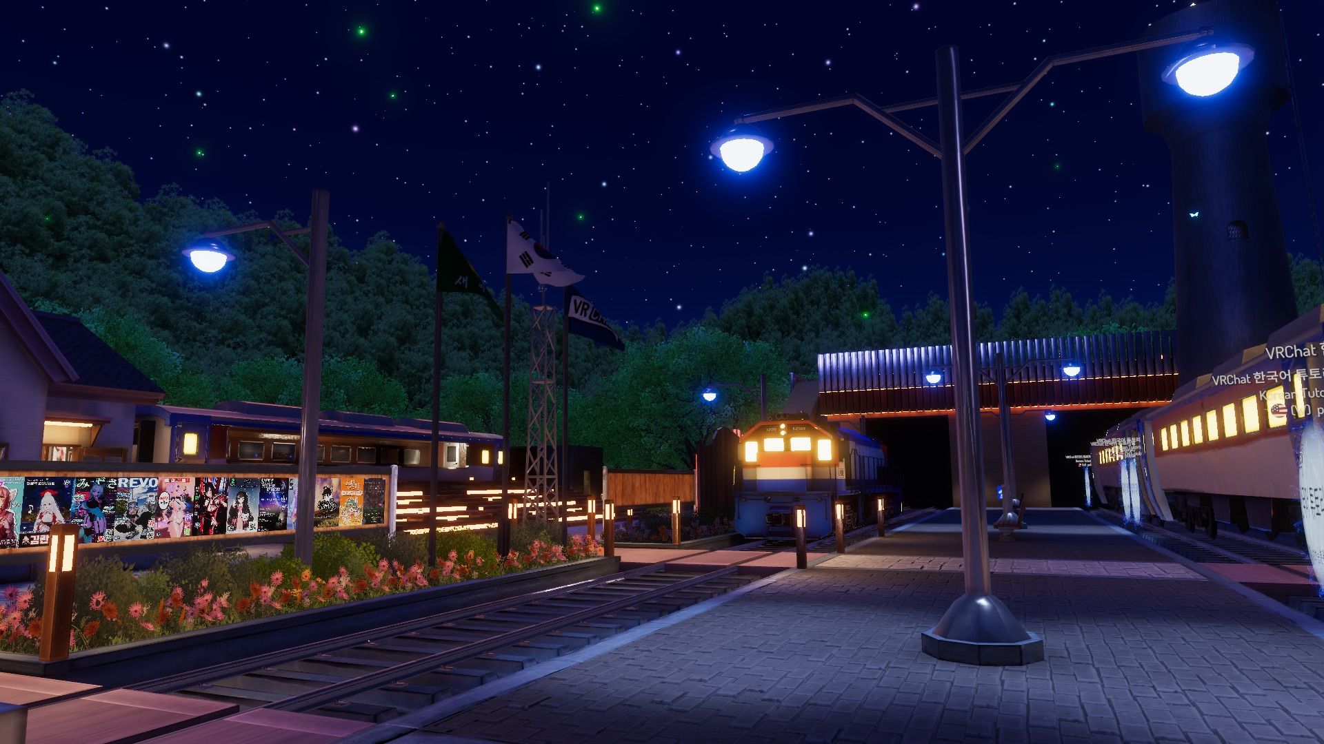 A nighttime train station with bright stars, illuminated lampposts, and vibrant flowerbeds along the tracks.