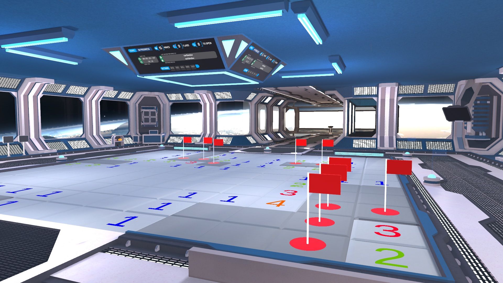 A space station interior with a Minesweeper game on the floor.