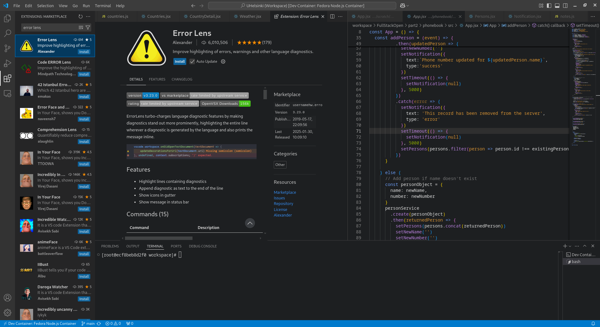 VS Code extension menu showing a description of the Error Lens extension