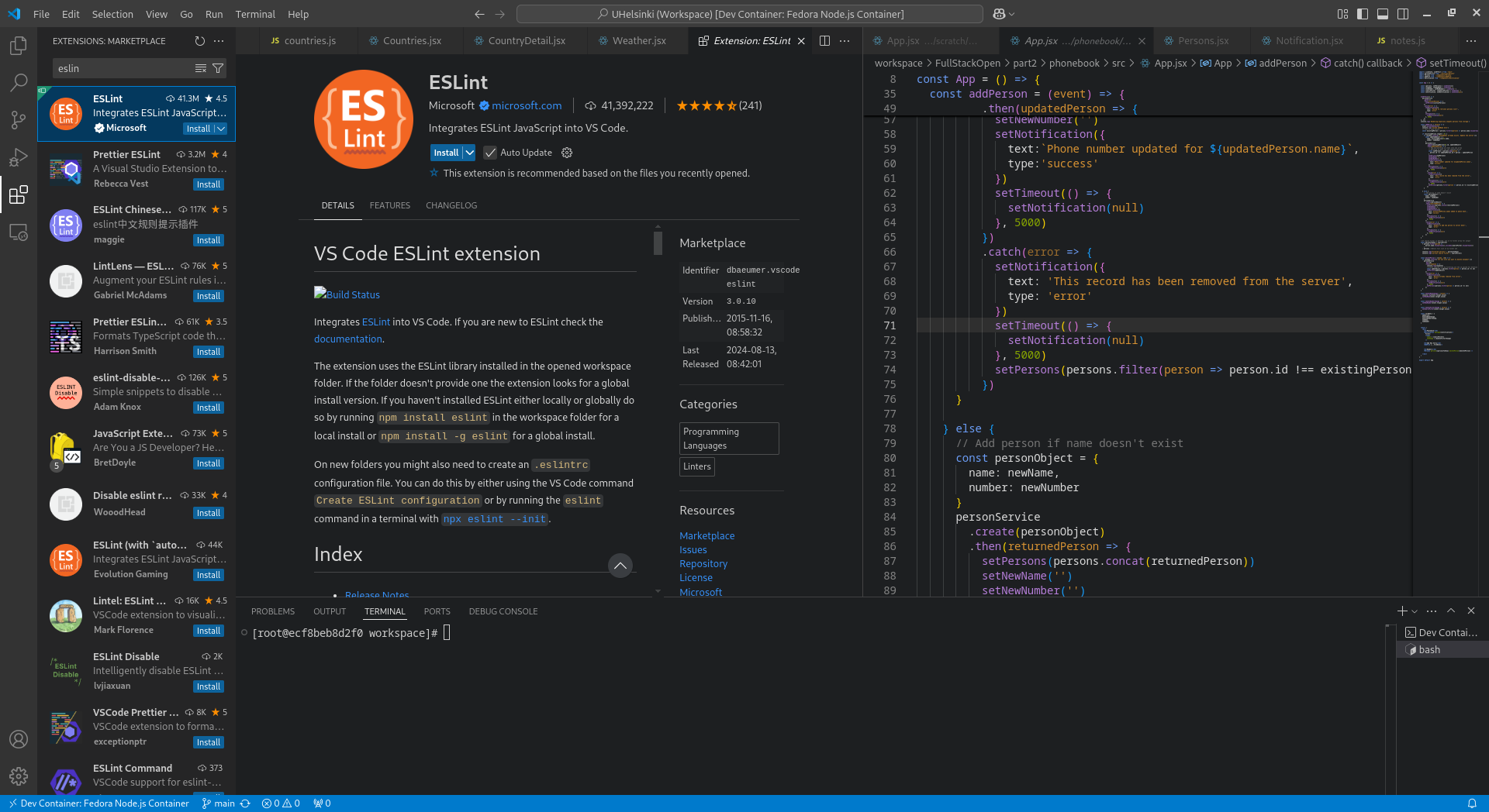 VS Code extension menu showing a description of the ESLint extension