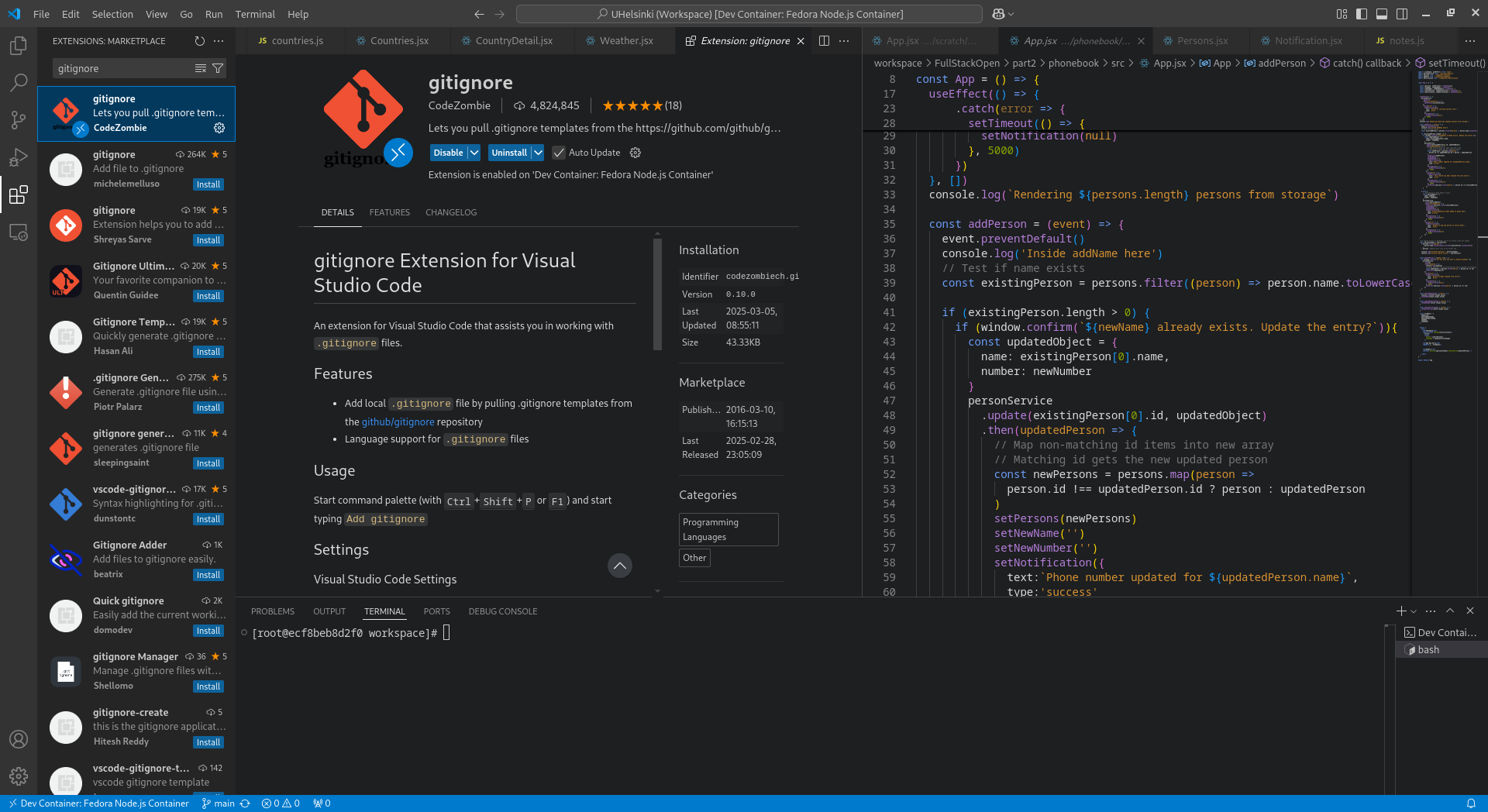 VS Code extension menu showing a description of the Gitignore extension