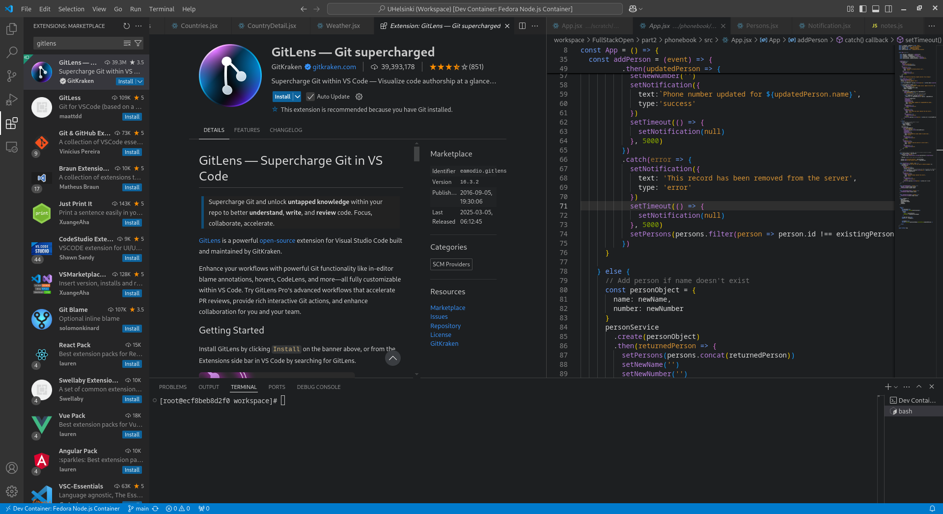 VS Code extension menu showing a description of the GitLens extension