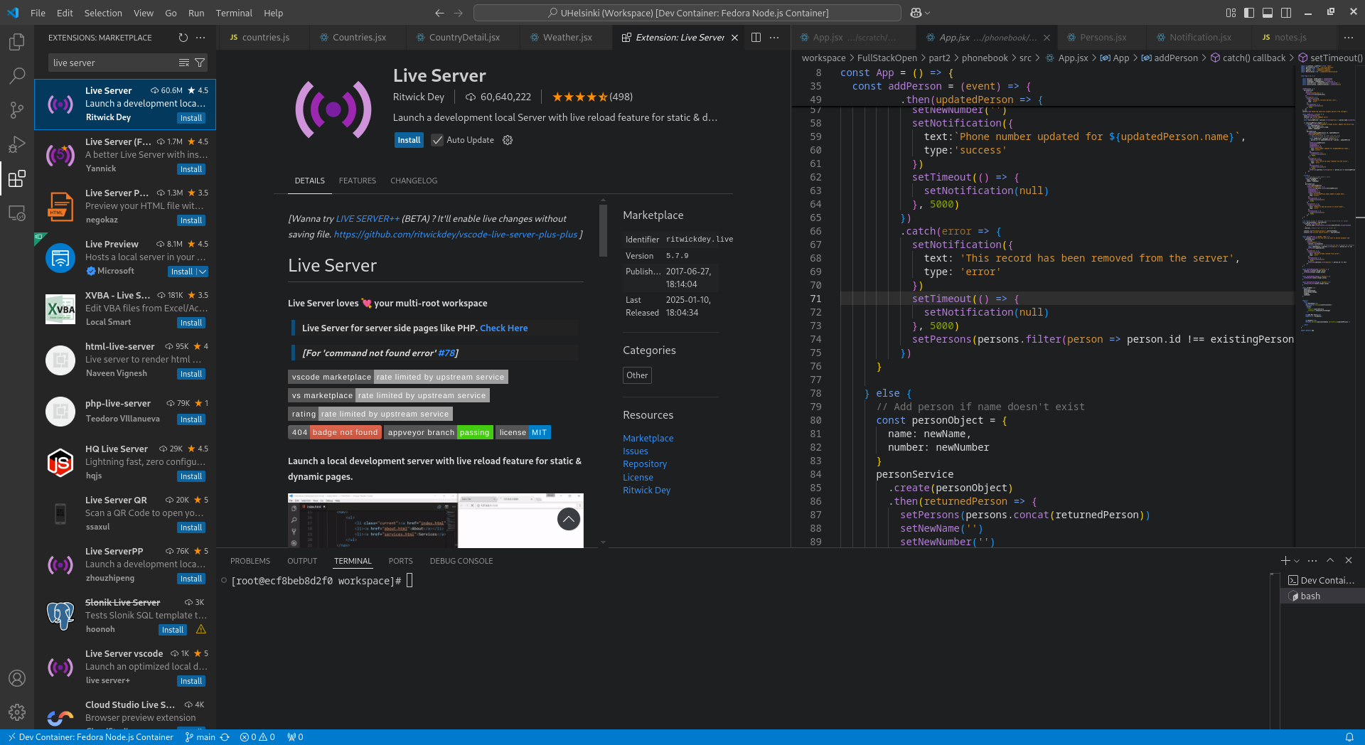 VS Code extension menu showing a description of the Live Server extension