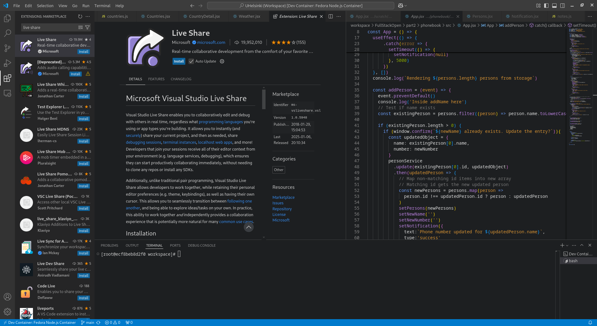 VS Code extension menu showing a description of the Live Share extension