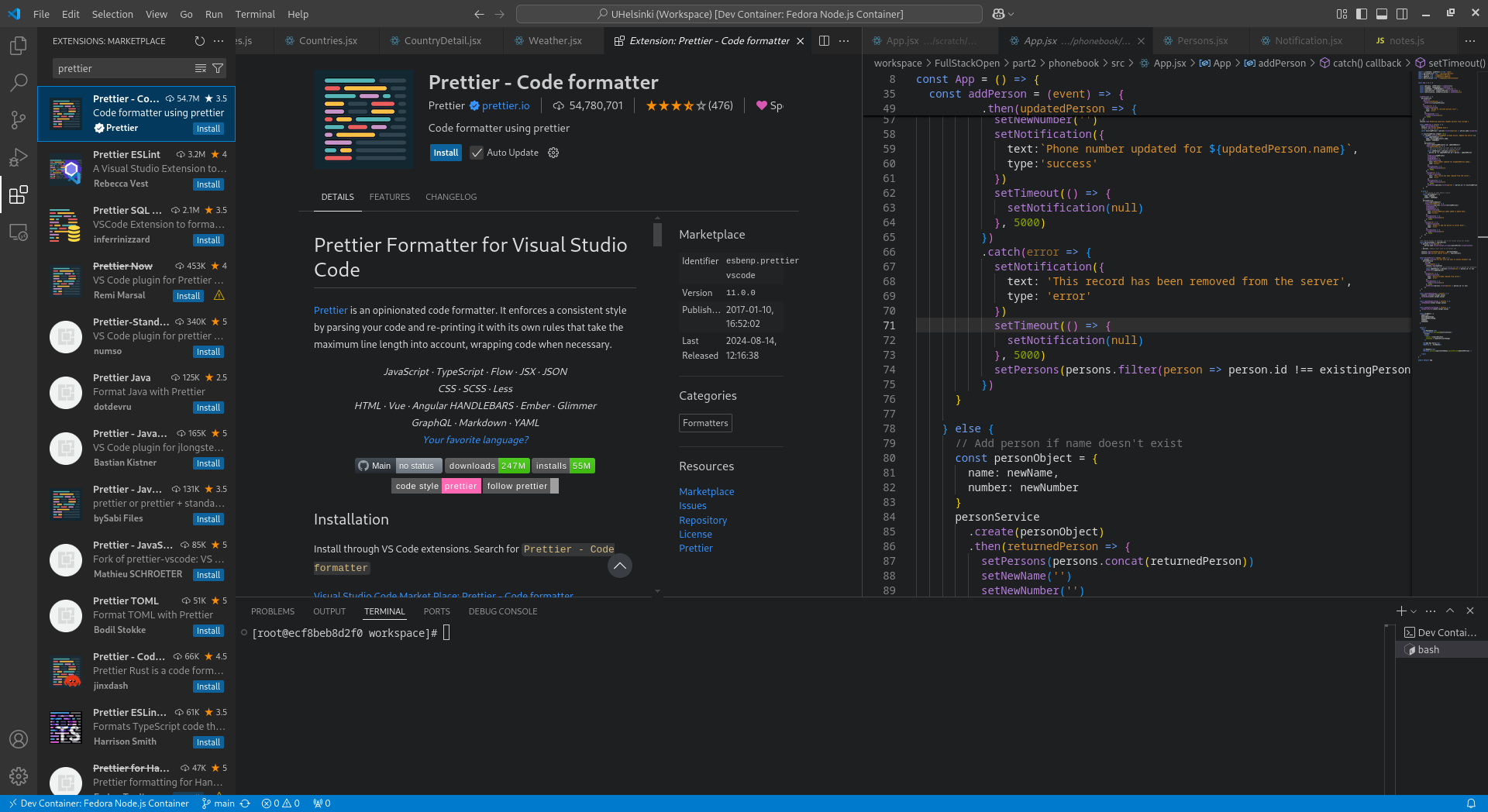 VS Code extension menu showing a description of the Prettier extension