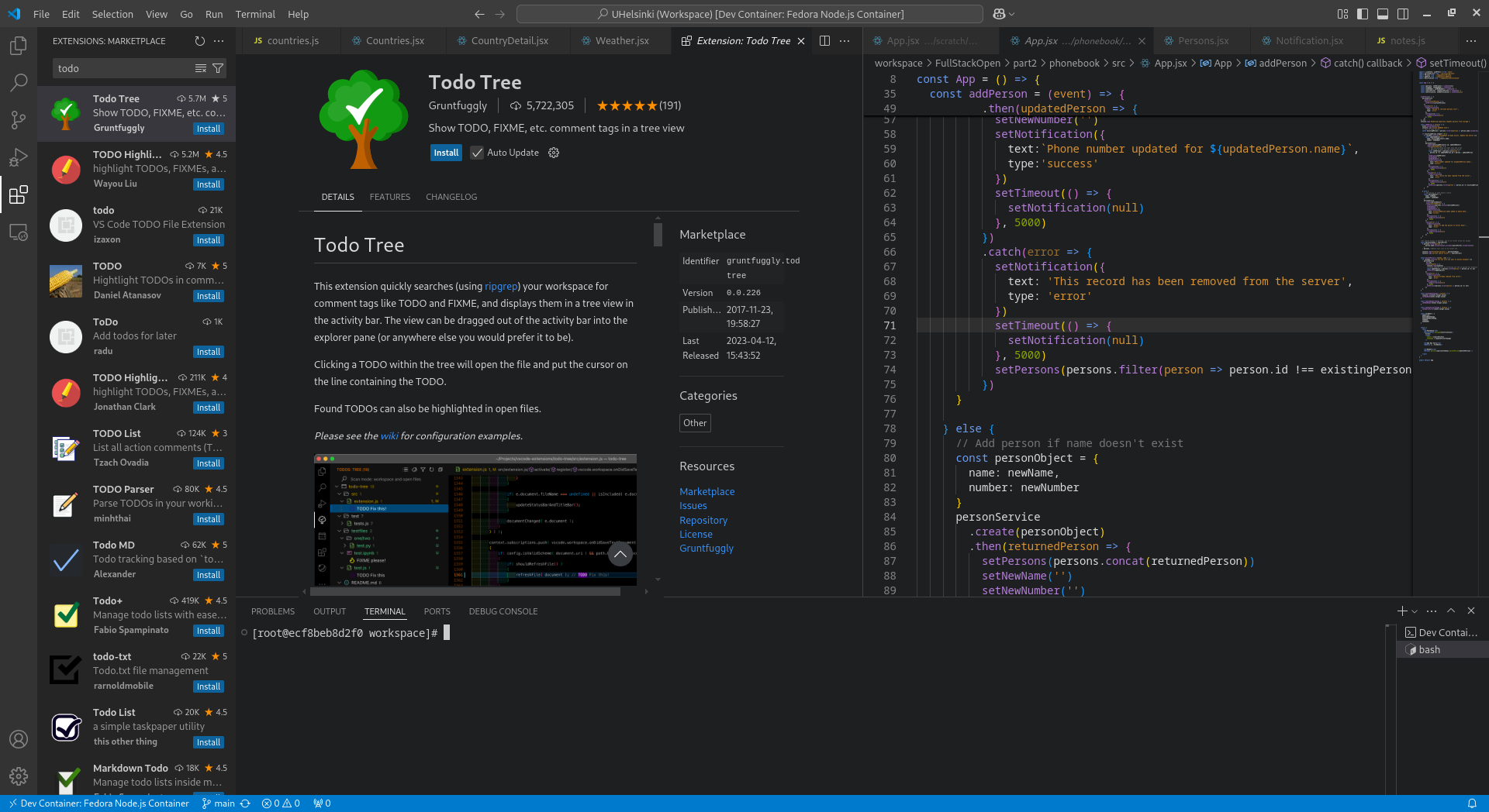 VS Code extension menu showing a description of the Todo Tree extension.