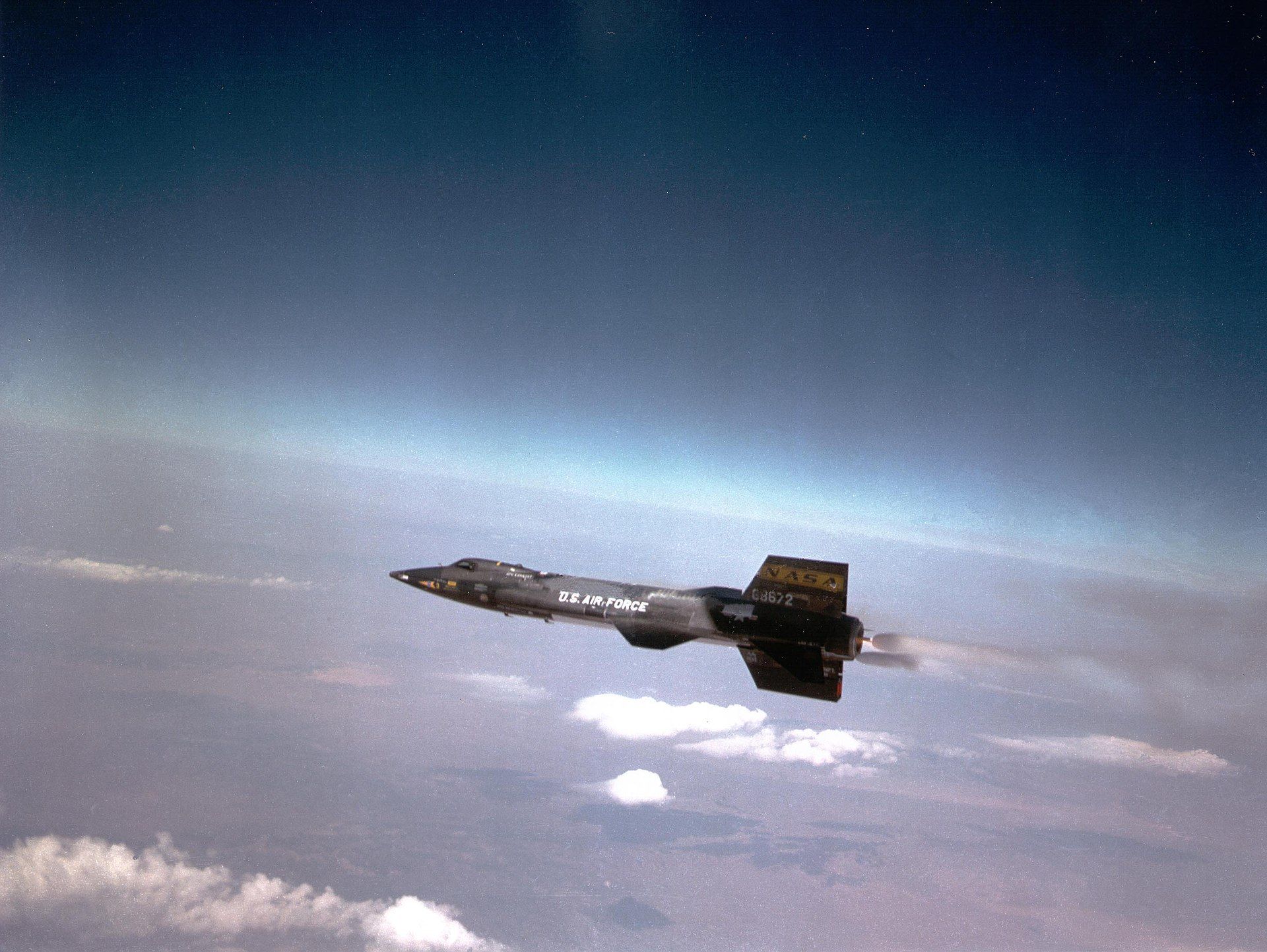 The X-15A-3 rocket plane flies over Edwards Air Force Base during a mission in the 1960s.