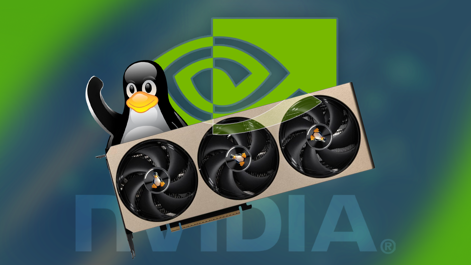 A GPU with the Linux mascot beside it and the Nvidia logo in the background.