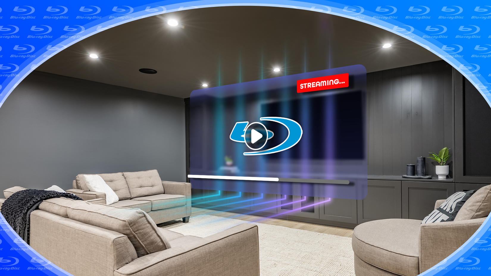 A room with a TV and a video player with the Blu-ray icon in the center.