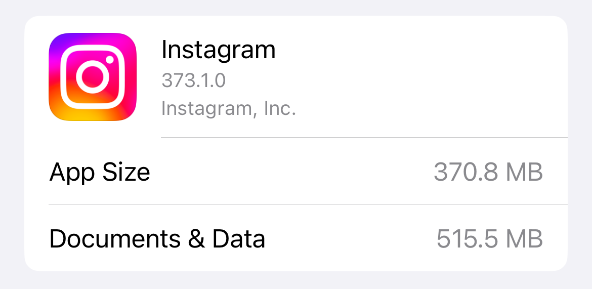 Instagram installation size against the size of the preserved data.