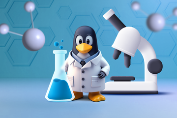 Linux mascot wearing a lab coat with a beaker beside it and a microscope behind.