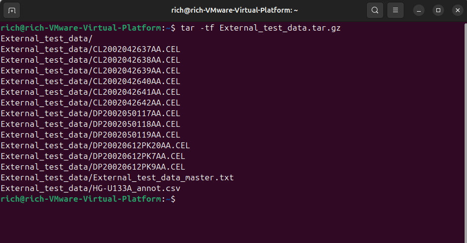 Terminal output showing the use of tar -tf to preview the contents of the tar.gz file, displaying a list of files inside.