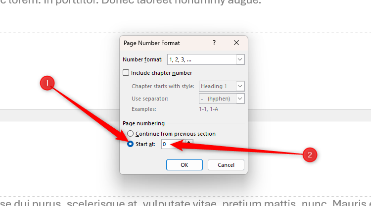 The Start At enactment successful Word's Page Number Format dialog container is checked, and 0 is typed into the fig tract box.