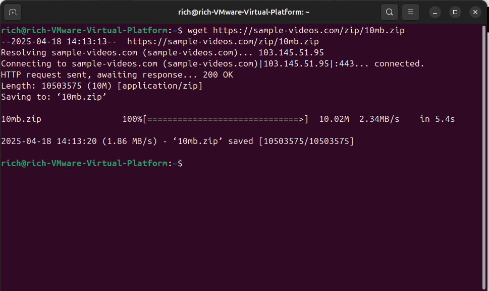 Terminal showing wget successfully downloading a zip file from a remote server.